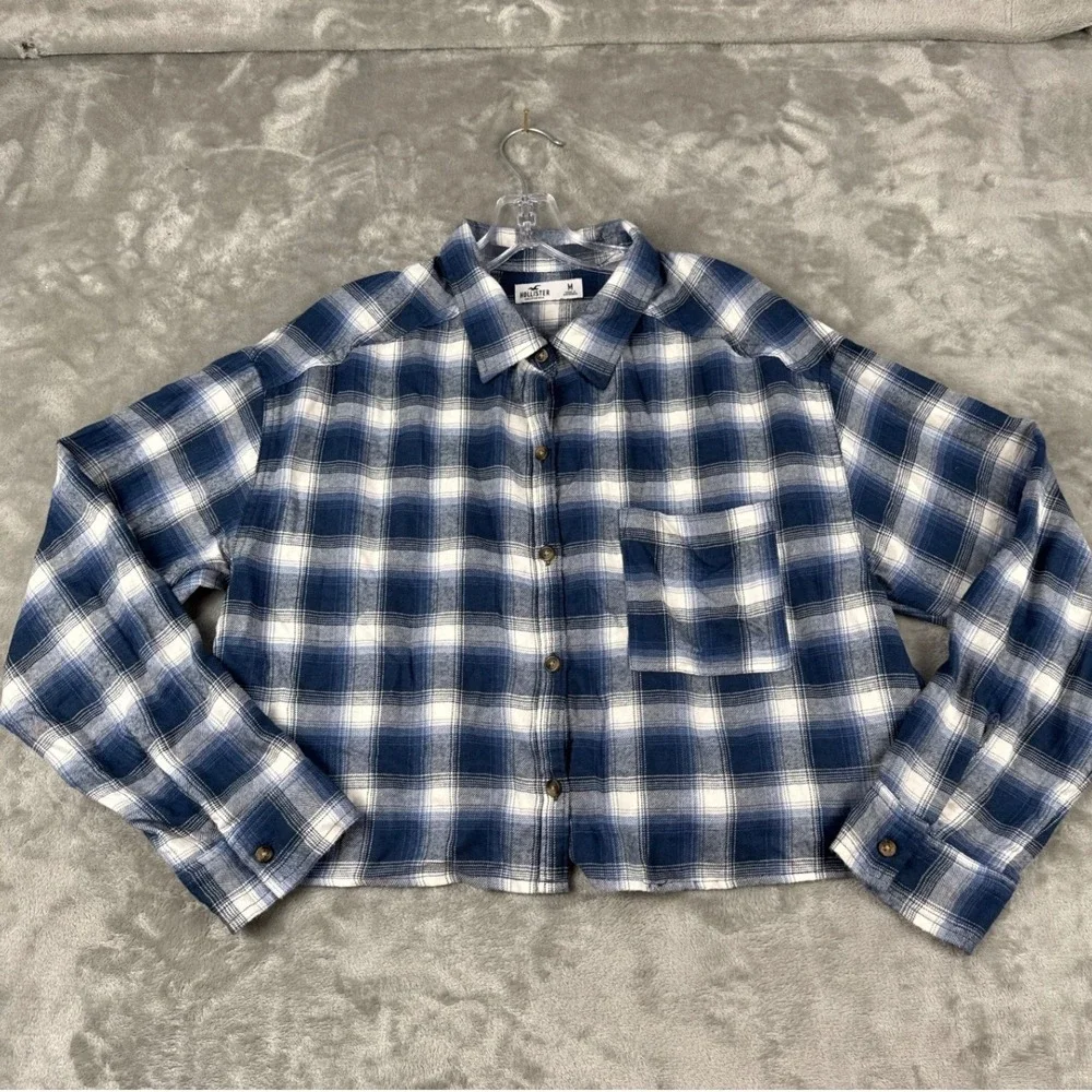 Hollister Womens Blue White Plaid Cropped Flannel Button Down Shirt Medium M
